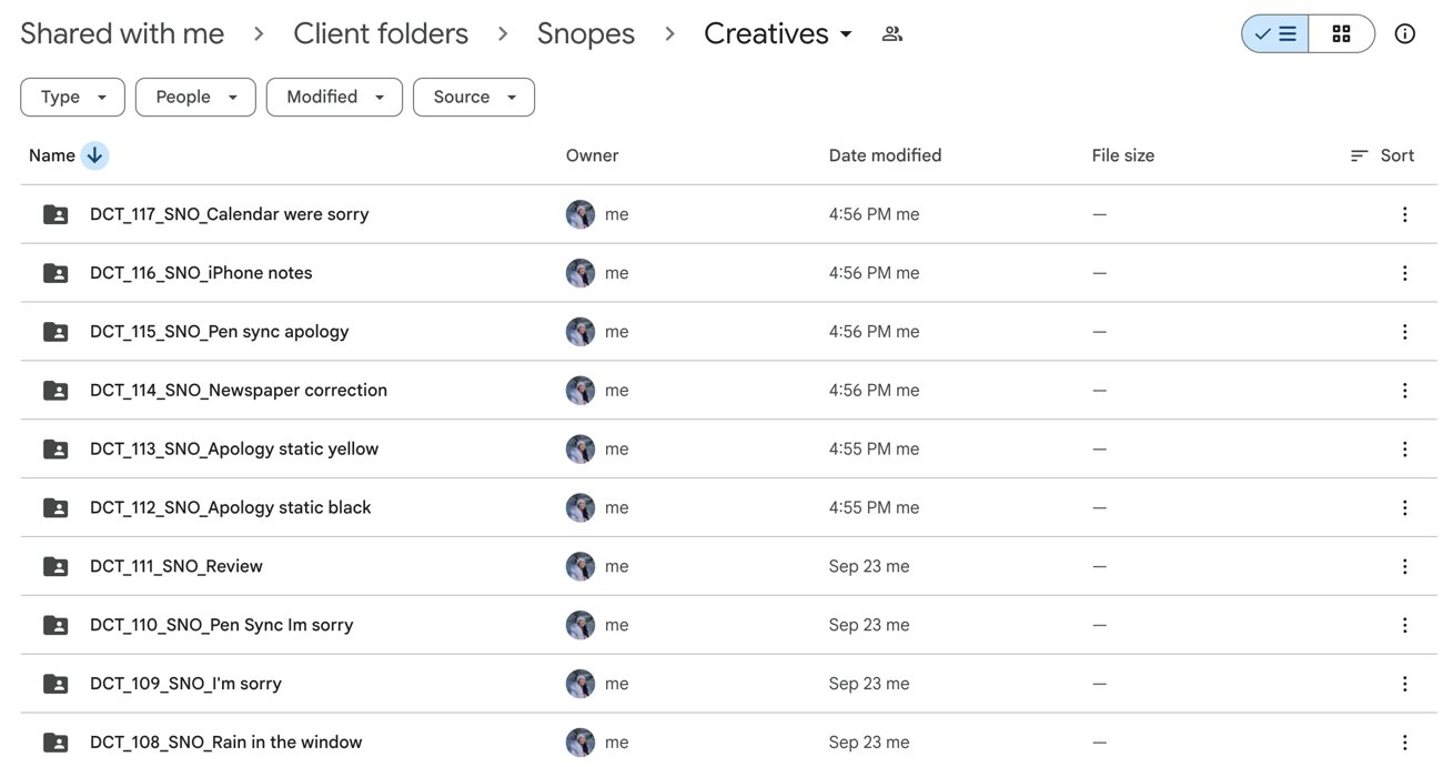 Google Drive screenshot of the Snopes Creatives folder showing DCT_112 to DCT_117 created at 4:55 and 4:56 PM